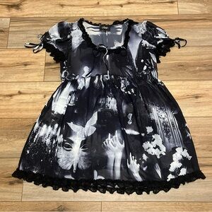 Widow Dolls Kill Tragic Accident Babydoll Dress SZ Large Sheer Black White